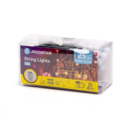 Aigostar - LED коледна гирлянда за външна употреба, 25 x LED / 8 режима, 3 x AA, 2,8 m, IP44, топла бяла