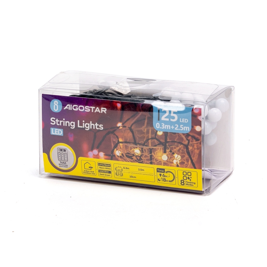 Aigostar - LED коледна гирлянда за външна употреба, 25 x LED / 8 режима, 3 x AA, 2,8 m, IP44, топла бяла