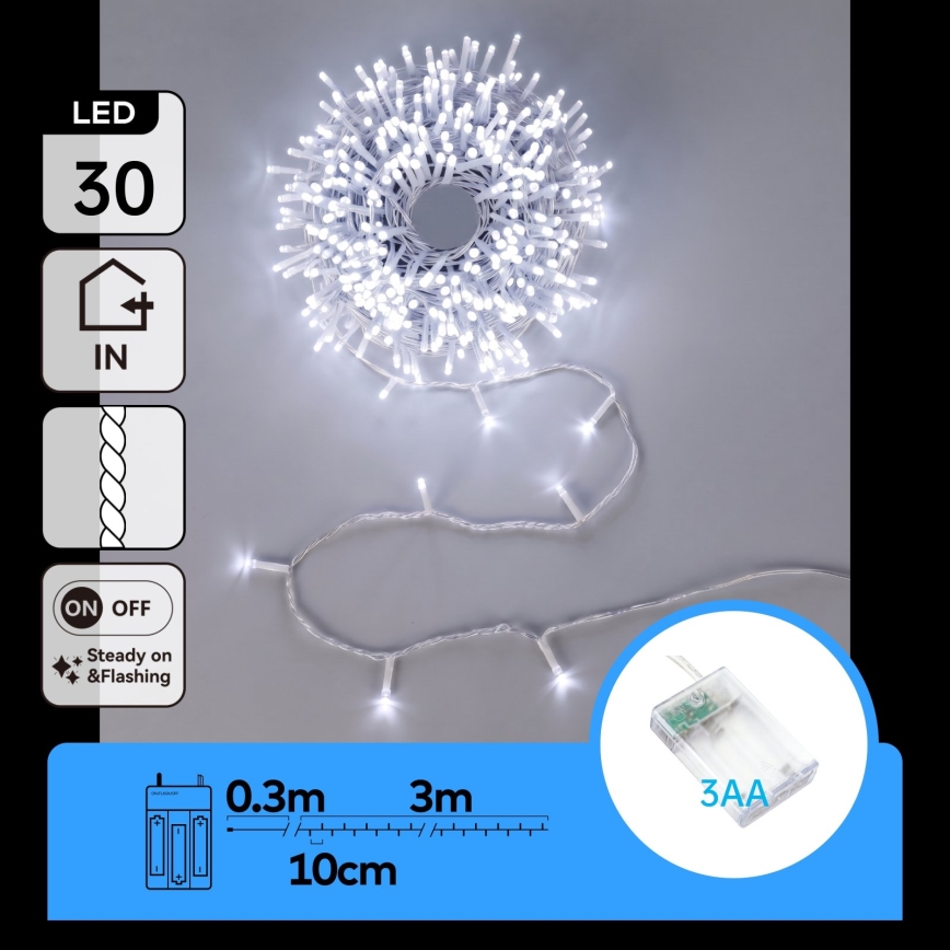 Aigostar - LED Коледна верига 30xLED/3xAA 3,3m студено бяло