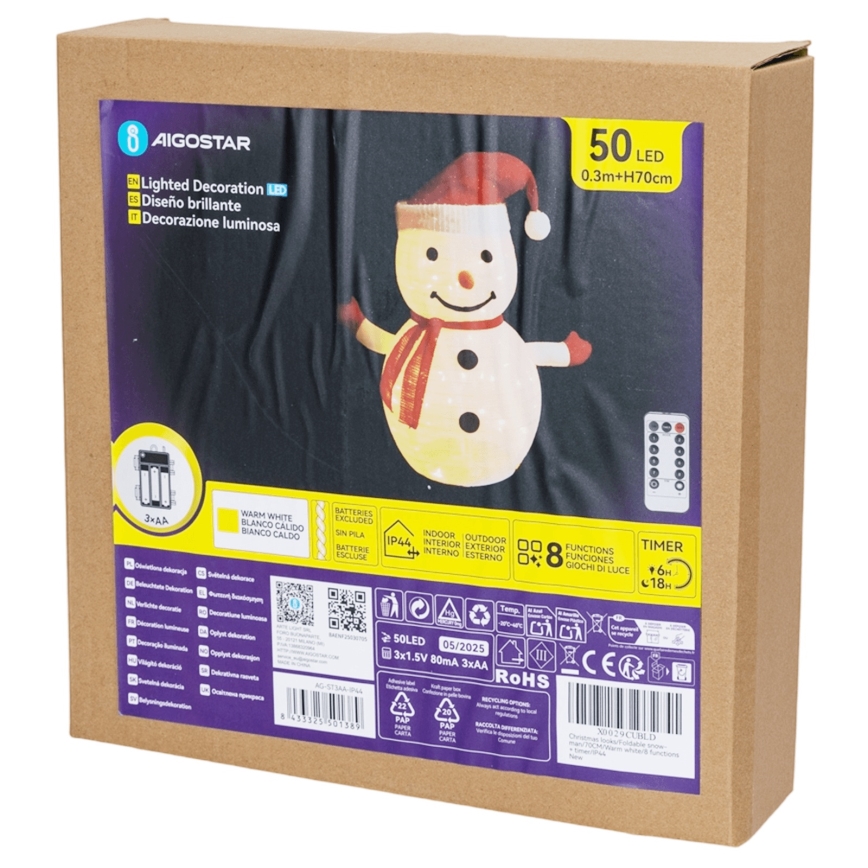 Aigostar - LED коледна външна декорация 50xLED/3xAA 0,7m IP44 снежен човек + дистанционно управление