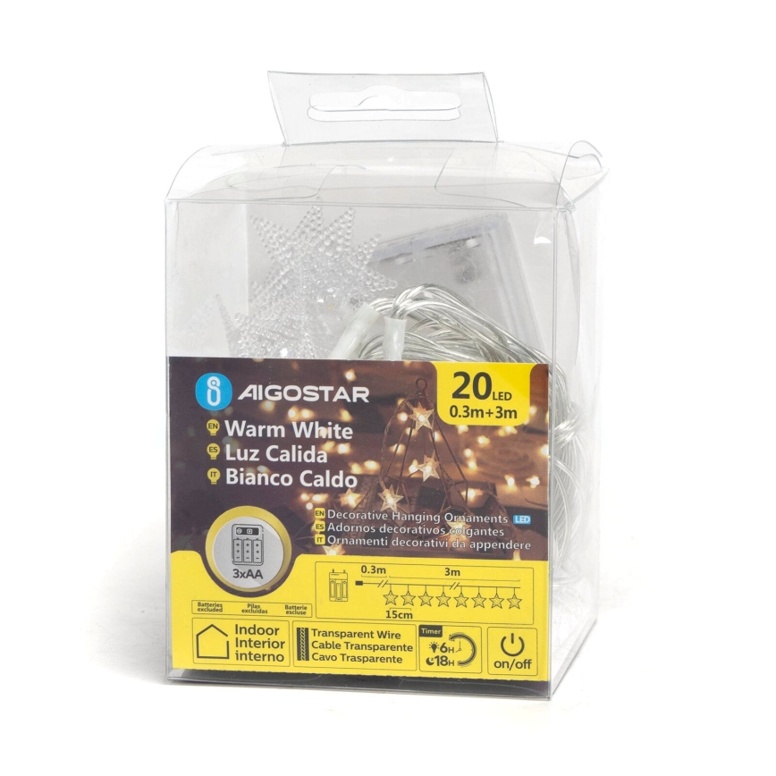 Aigostar - LED Коледни лампички 20xLED/3xAA 3,3 м звезди