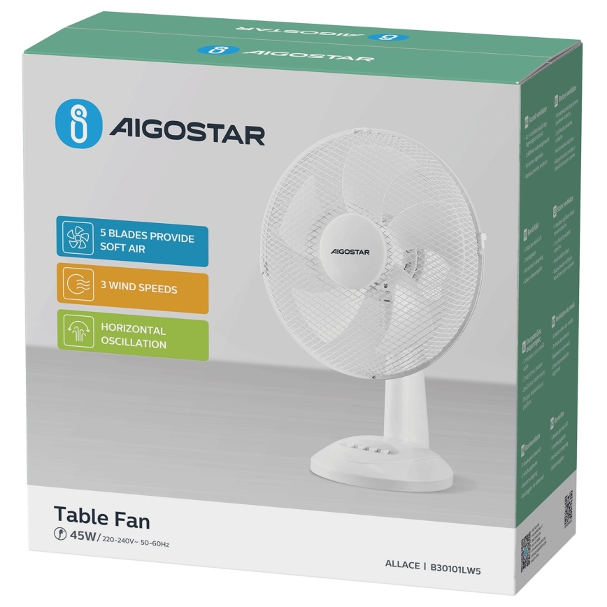 Aigostar - Настолен вентилатор 45W/230V бял