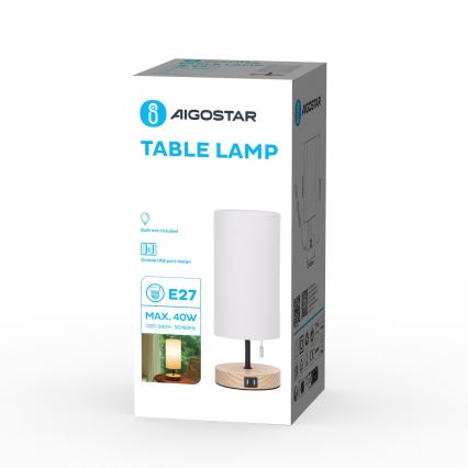 Aigostar - Настолна лампа с USB порт 1xE27/40W/230V бежов