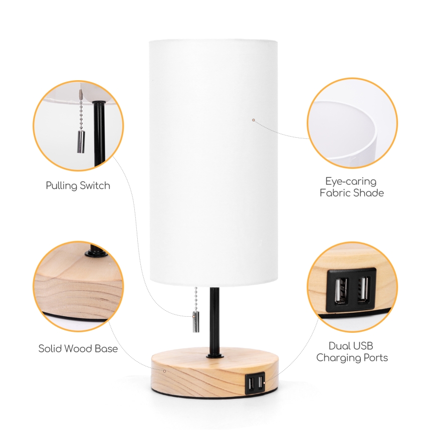 Aigostar - Настолна лампа с USB порт 1xE27/40W/230V черна/кремава