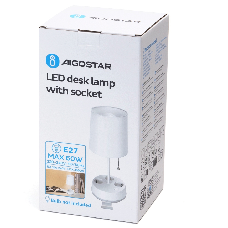 Aigostar - Настолна лампа с контакти 1xE27/60W/230V бяла