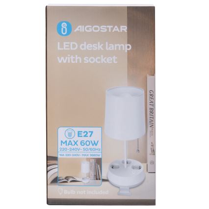 Aigostar - Настолна лампа с контакти 1xE27/60W/230V бяла
