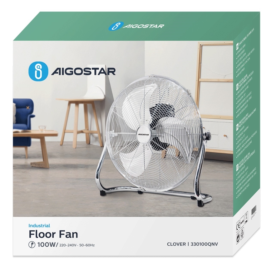 Aigostar - Подов вентилатор 100W/230V, с диаметър 54 см, лъскав хром