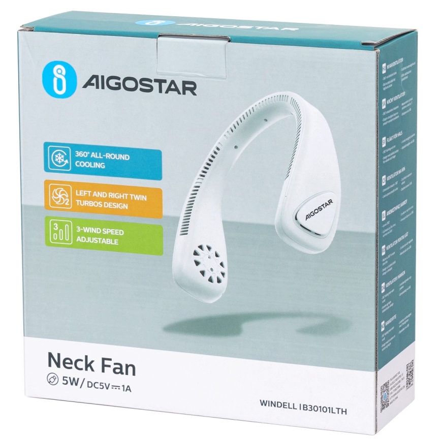 Aigostar - Преносим вентилатор за врат с батерия 4W/5V 2000mAh, бял