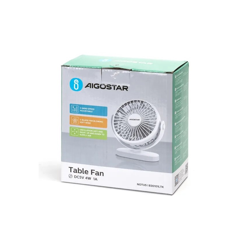 Aigostar - Презареждащ се настолен вентилатор 4W/5V 1500mAh бял