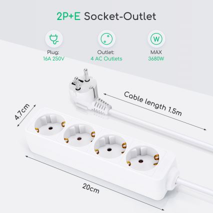 Aigostar - Разклонител 4Z Тип F 1,5m бял SCHUKO
