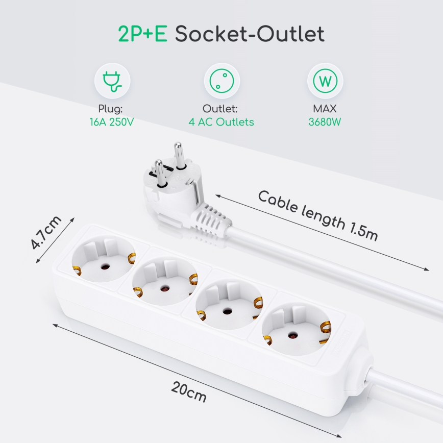 Aigostar - Разклонител 4Z Тип F 1,5m бял SCHUKO