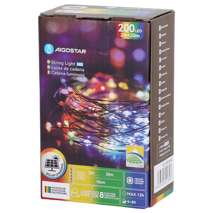 Aigostar - LED соларна гирлянда 200xLED/8 функции 22 m IP65 многоцветна 800 mAh