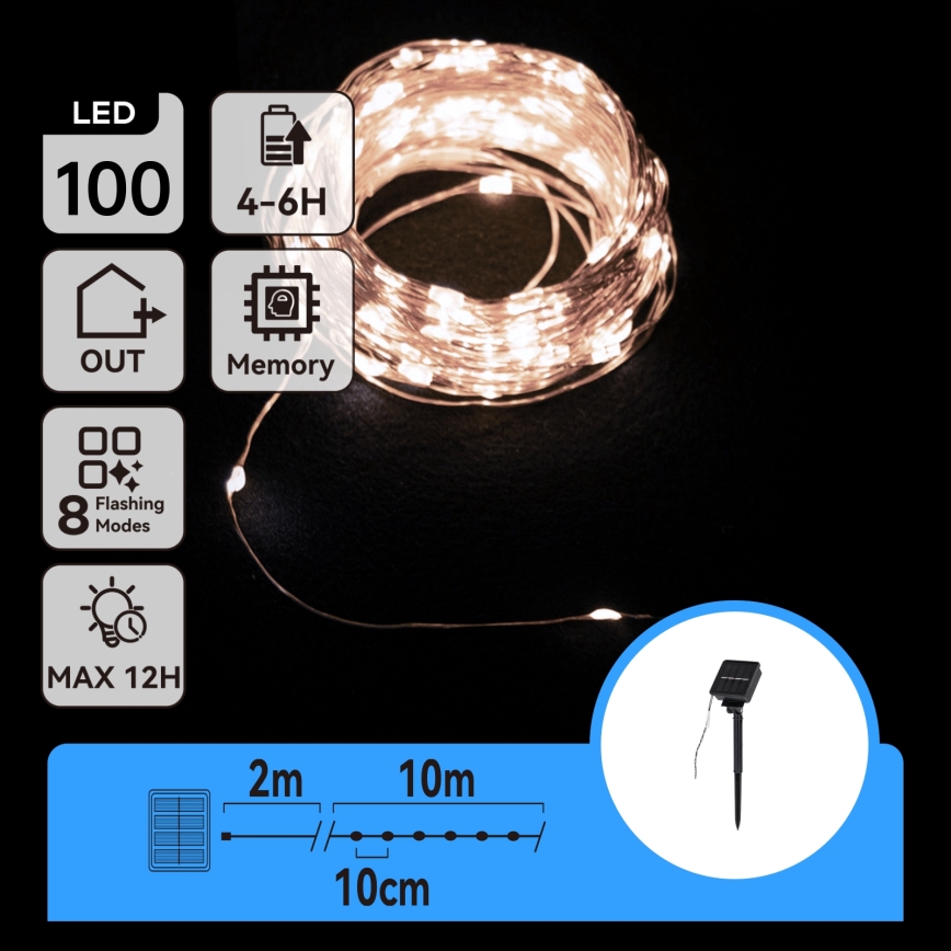 Aigostar - Соларен LED гирлянд 100x LED / 8 режима, 12 m, IP65, 800 mAh, студено бяло