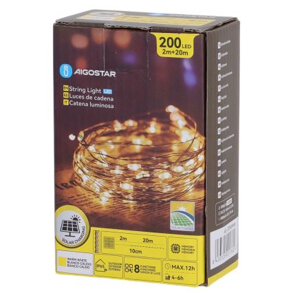 Aigostar - Соларен LED гирлянд, 200 LED, 8 режима, 22 м, IP65, топла бяла светлина, 800 mAh