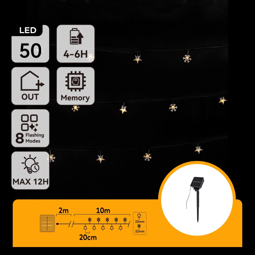 Aigostar - Соларна LED гирлянда 50xLED/8 режима 12m 800mAh IP65 топла бяла