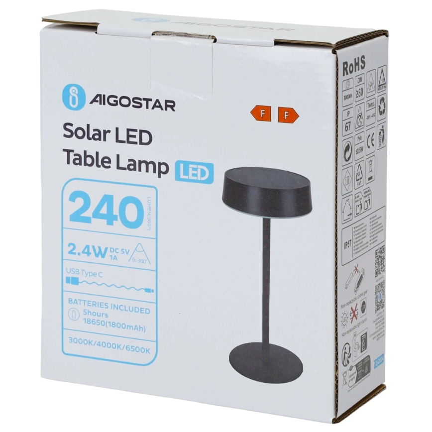 Aigostar - LED соларна лампа LED/2,4W/5V IP44 1800 mAh