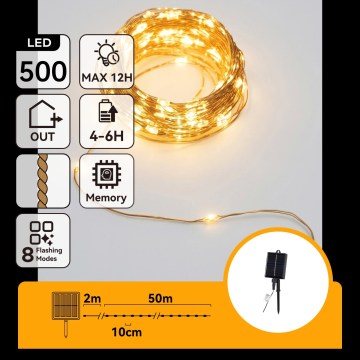 Aigostar - Соларна коледна LED гирлянда 500 LED/8 функции, 52 m, IP65, топло бяло, 1200 mAh