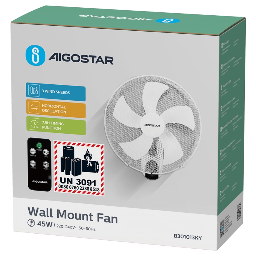 Aigostar -  Стенен вентилатор 45W/230V бял + дистанционно управление