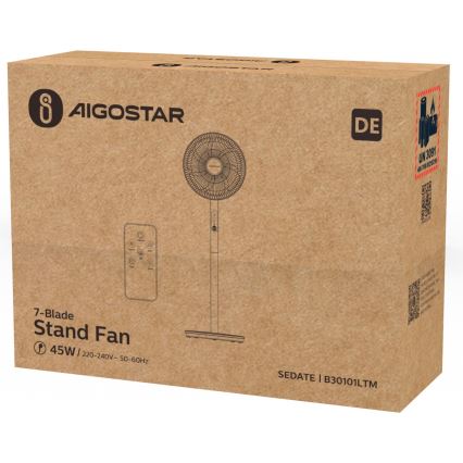 Aigostar - Стоящ вентилатор 45W/230V бял + дистанционно управление