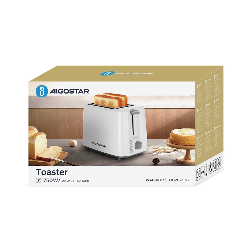 Aigostar - Тостер с два отвора 750W/230V бял