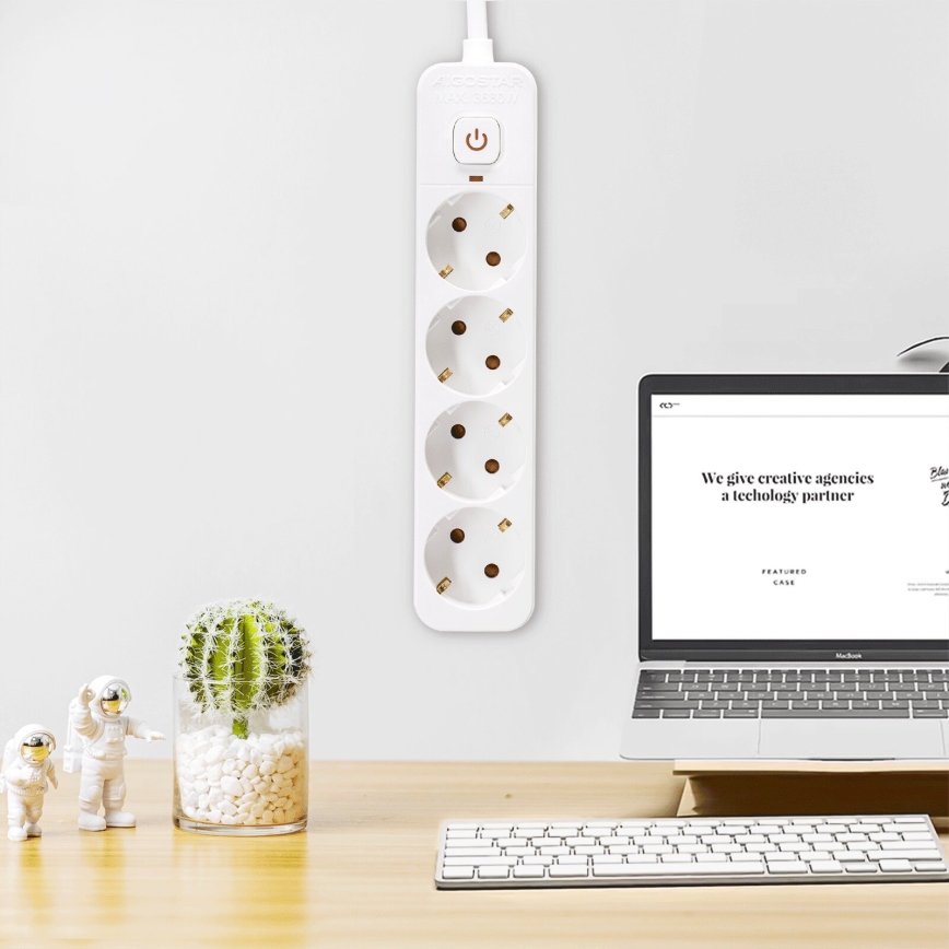 Aigostar - Удължител с ключ 4 гнезда Тип F 5м SCHUKO бял