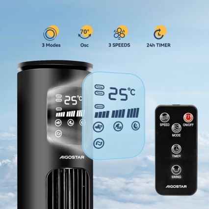 Aigostar - Вентилатор тип кула 50W/230V черен Wi-Fi + дистанционно управление