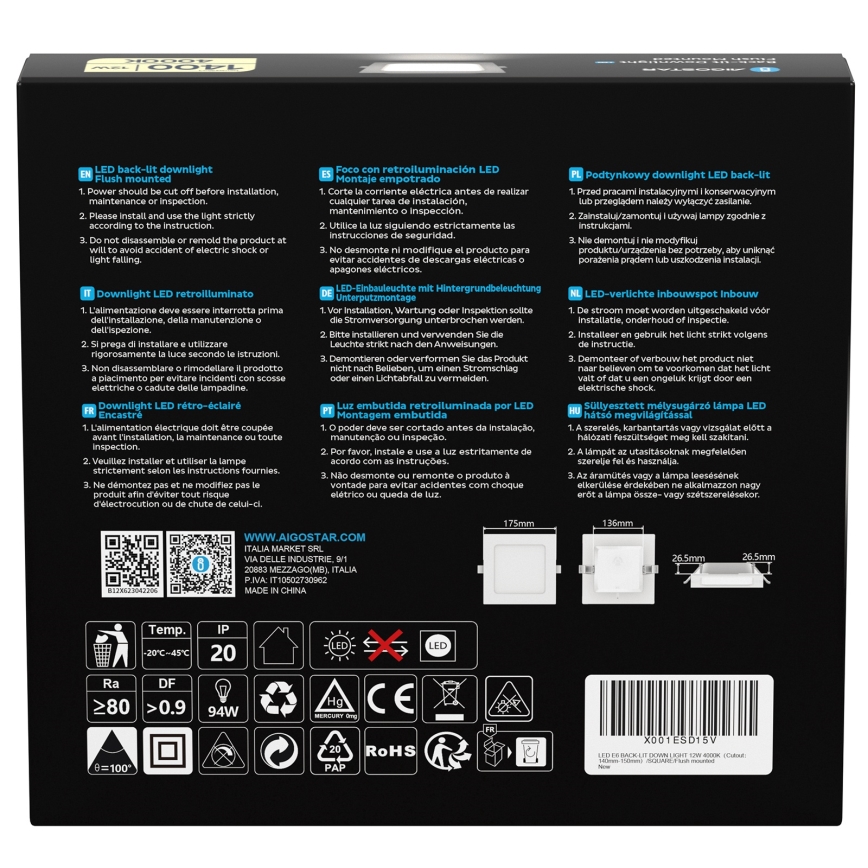 Aigostar - Вградено LED осветително тяло LED/12W/230V 4000K 17,5x17,5 cm бяло