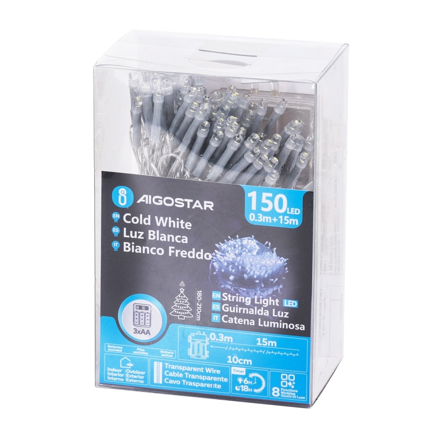Aigostar - Външен LED гирлянд 150xLED/8 режима 15,3m IP44 студено бяло