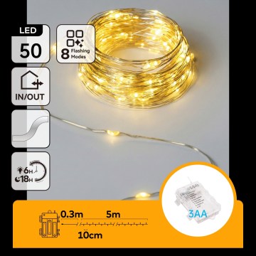 Aigostar - Външен LED гирлянд 50 LED, 8 режима, 3 x AA, 5,3 m, топло бяло