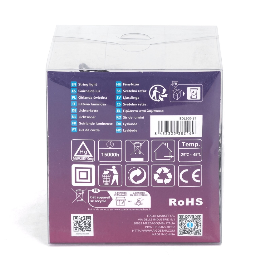 Aigostar - Външен коледен LED гирлянд 200xLED/8 режима, 13 m, IP44, топла бяла