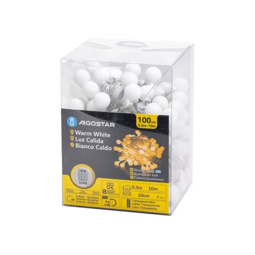 Aigostar - LED външен гирлянд 100xLED/3xAA/8 функции 10,3 m IP44 топла бяла