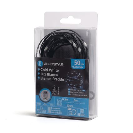 Aigostar - Външна LED верига, 50 LED, 8 режима, захранване с 3 x AA, дължина 5,3 m, IP44, студена бяла светлина