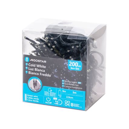 Aigostar - Външна LED коледна гирлянда, 200 LED, 8 функции, 8 м, IP44, студено бяло