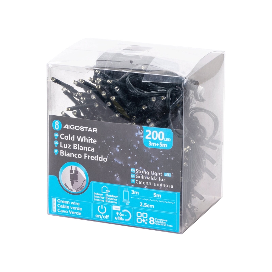 Aigostar - Външна LED коледна гирлянда, 200 LED, 8 функции, 8 м, IP44, студено бяло
