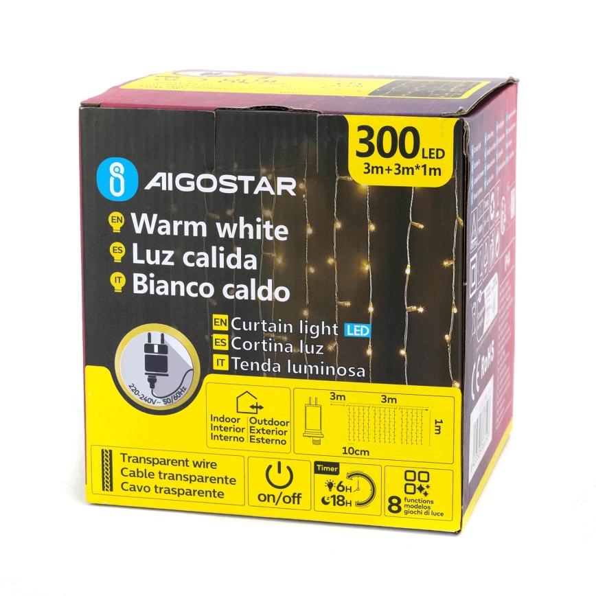 Aigostar - LED външна гирлянда 300xLED/8 функции 3x1m IP44 топла бяла + дистанционно управление