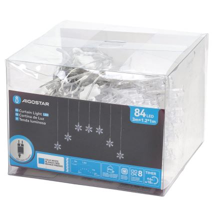 Aigostar - LED външна коледна гирлянда 84xLED/8 функции 1,2x1m IP44 студено бяла, снежинки