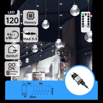Aigostar - външна коледна LED гирлянда 120xLED/8 режима 3x0,6m IP44 студено бяла + дистанционно управление