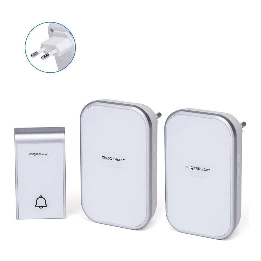 Aigostar - К-кт 2бр. безжични звънци за контакт 230V IP44 бели
