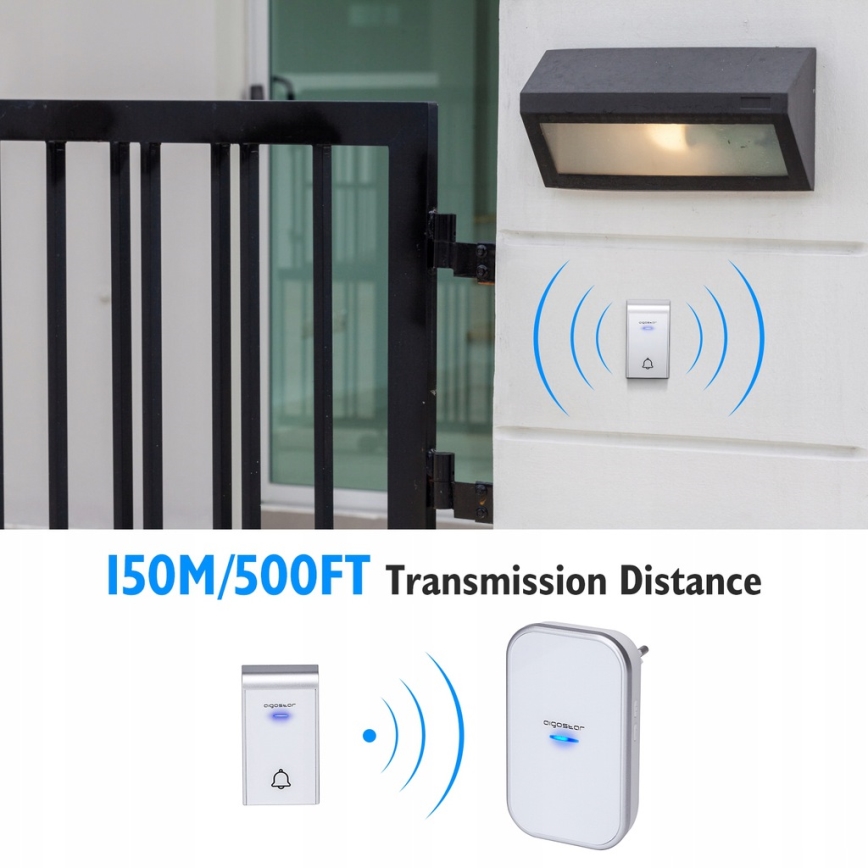 Aigostar - К-кт 2бр. безжични звънци за контакт 230V IP44 бели