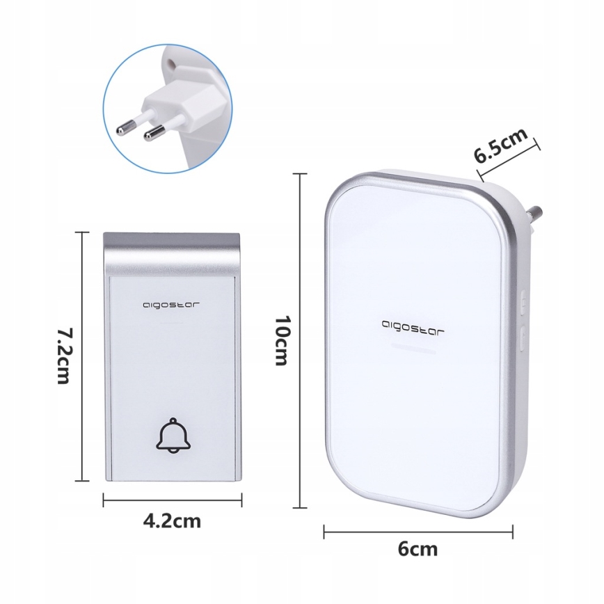 Aigostar - К-кт 2бр. безжични звънци за контакт 230V IP44 бели