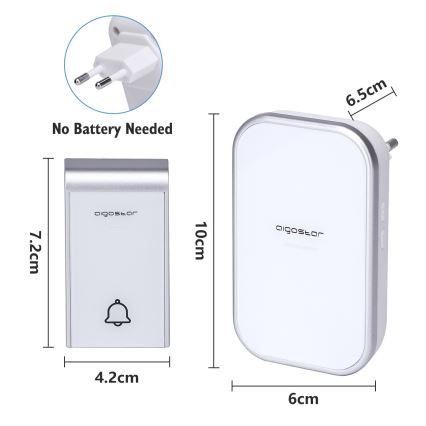 Aigostar - К-кт 2бр. безжични звънци за контакт 230V IP44 бели