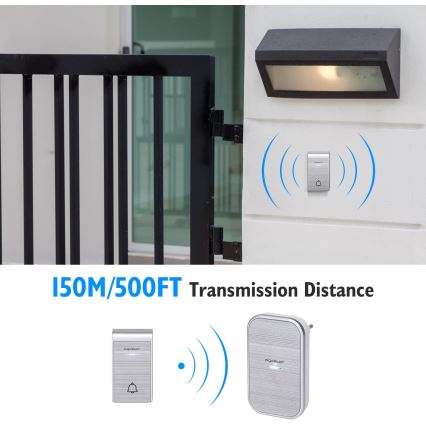 Aigostar - К-кт 2бр. безжични звънци за контакт 230V IP44 сребристи