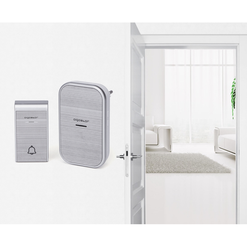 Aigostar - К-кт 2бр. безжични звънци за контакт 230V IP44 сребристи