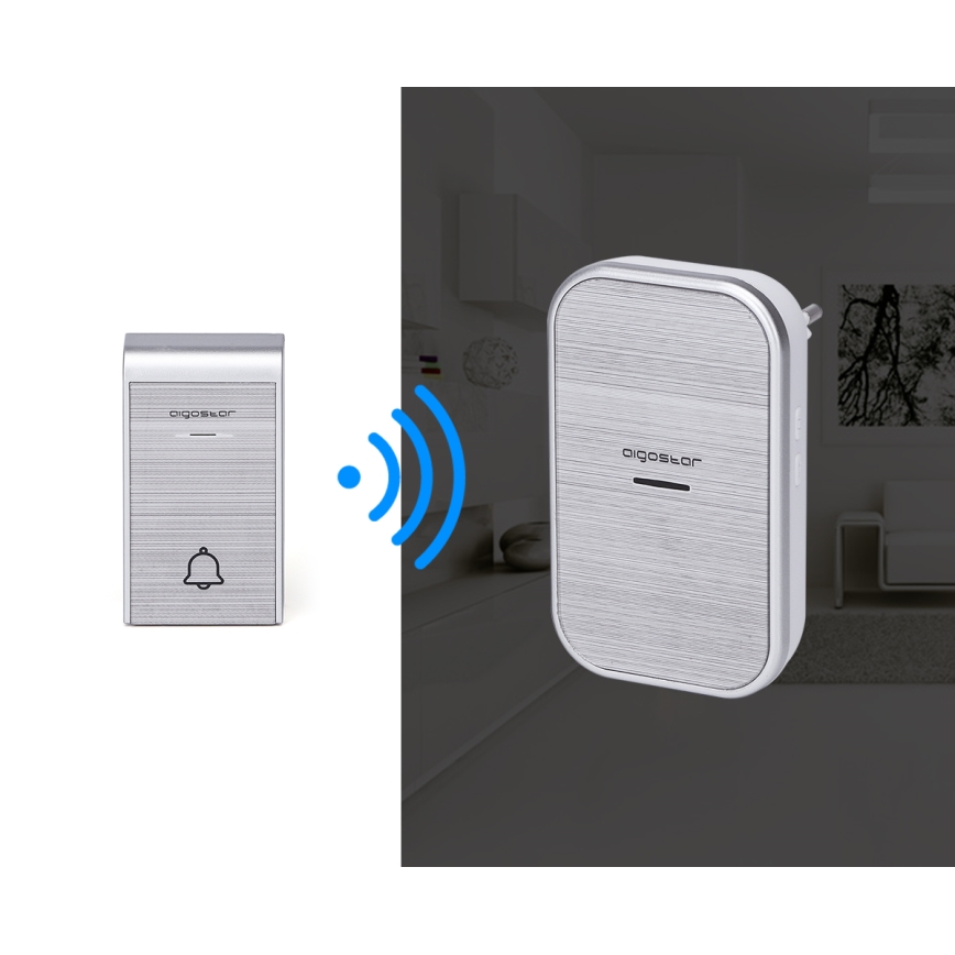 Aigostar - К-кт 2бр. безжични звънци за контакт 230V IP44 сребристи