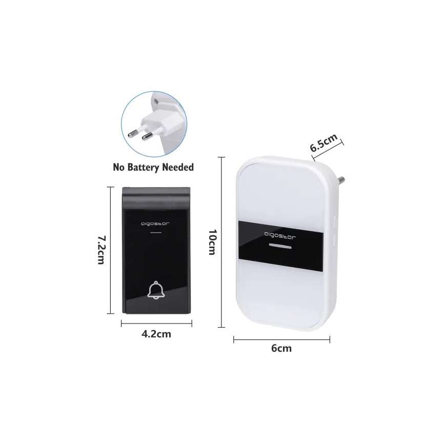 Aigostar - К-кт 2x Безжичен звънец за контакт 230V/12V IP44 бял/черен