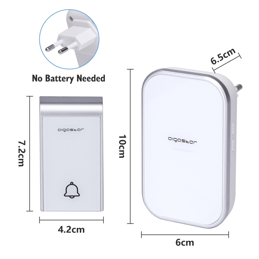 Aigostar - К-кт 2x Безжичен звънец за контакт 230V/12V IP44 бял
