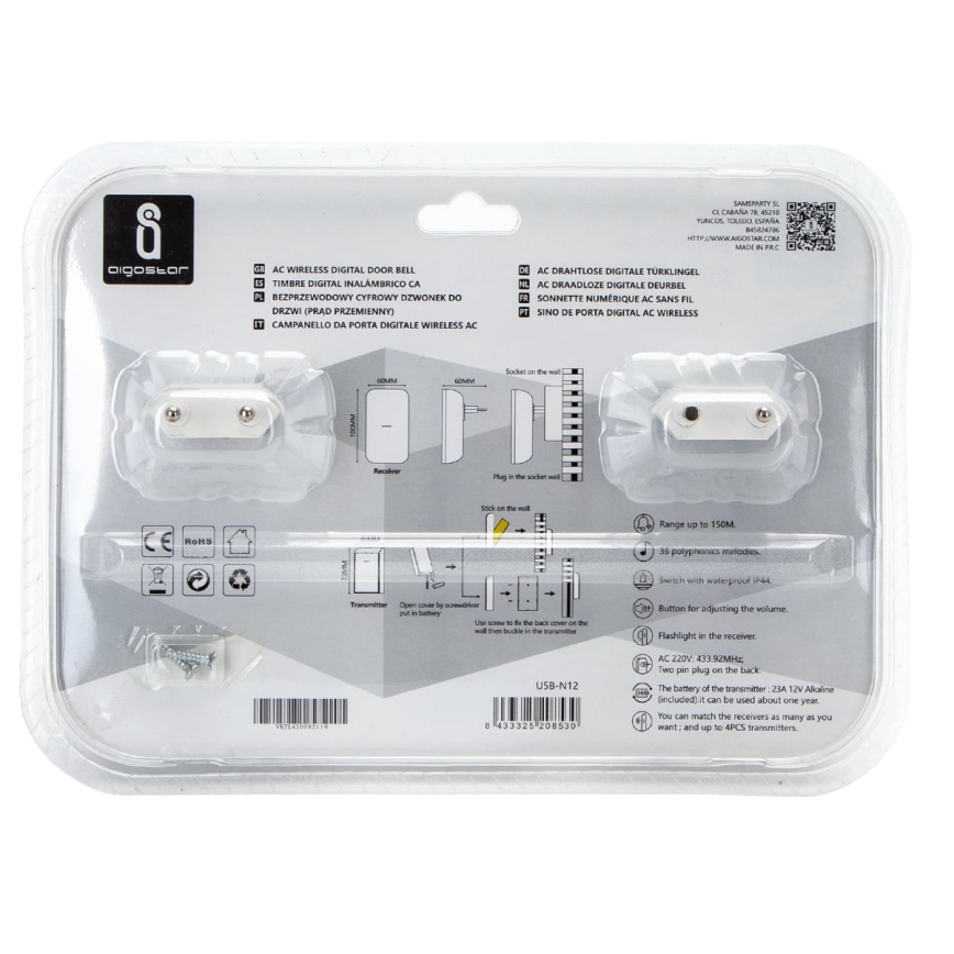 Aigostar - К-кт 2x Безжичен звънец за контакт 230V/12V IP44 бял