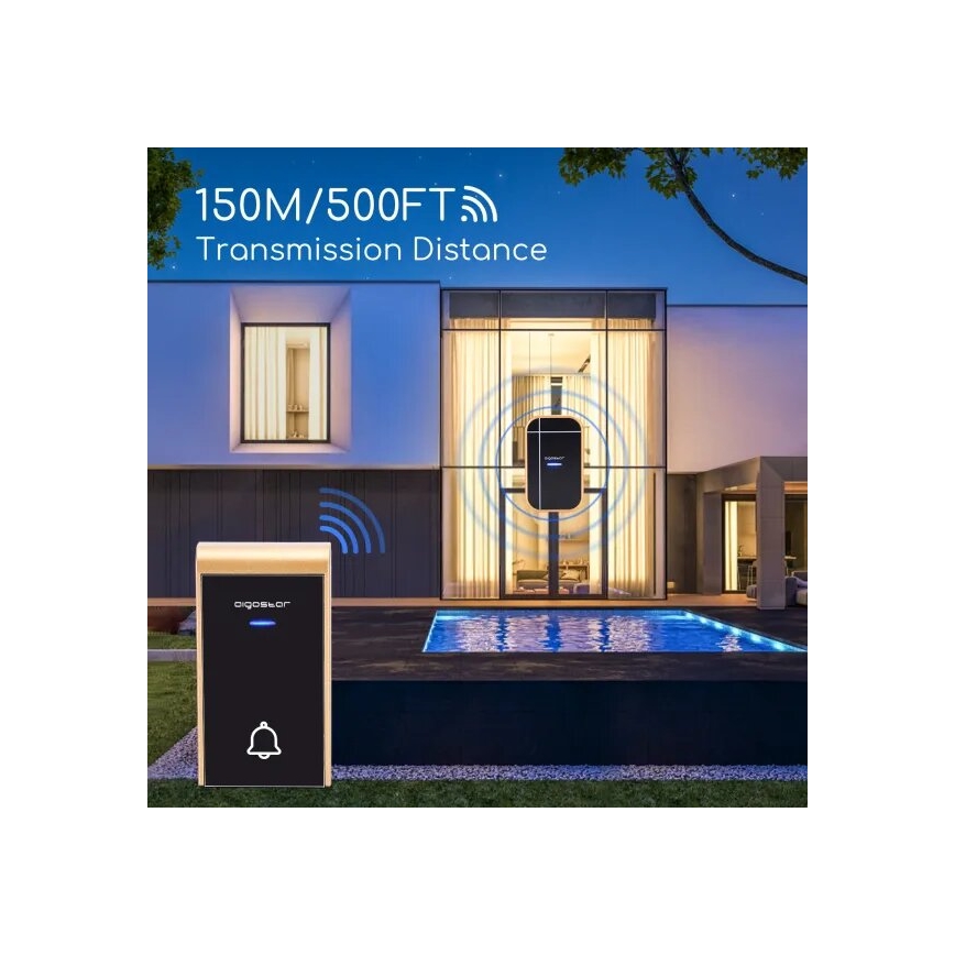 Aigostar - К-кт 2x Безжичен звънец за контакт 230V/12V IP44 черен/меден