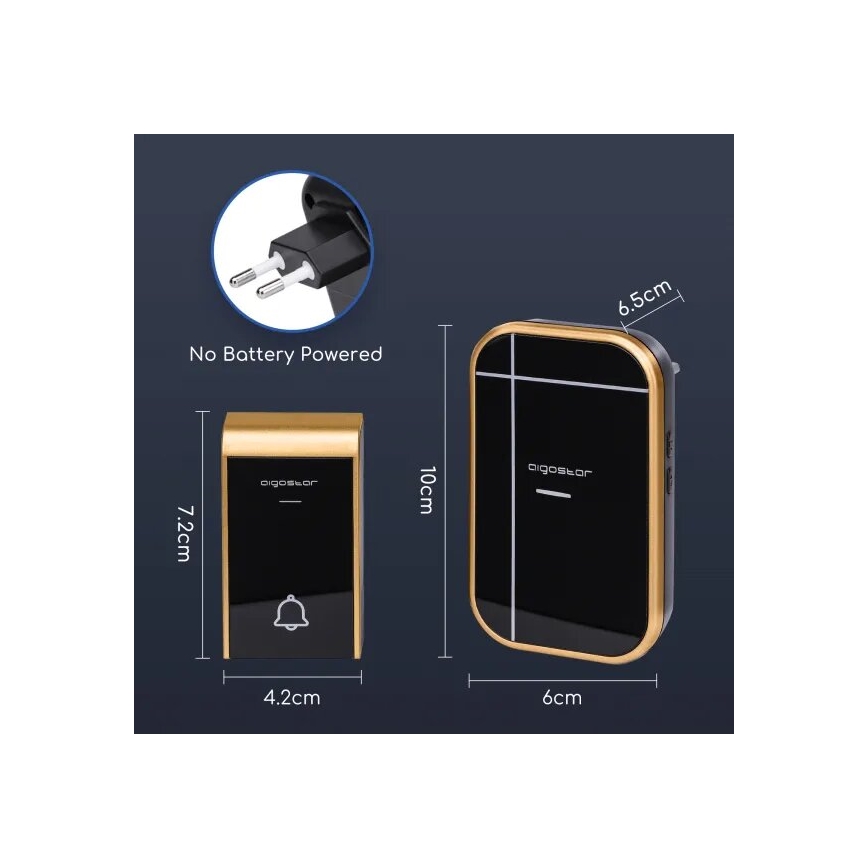 Aigostar - К-кт 2x Безжичен звънец за контакт 230V/12V IP44 черен/меден