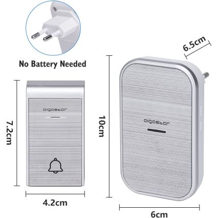 Aigostar - К-кт 2x Безжичен звънец за контакт 230V/12V IP44 сребрист